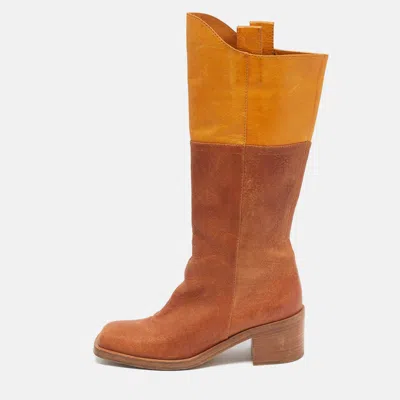 Pre-owned Chanel Cc Size 39.5 Two Tone Leather Mid Calf Boots In Brown