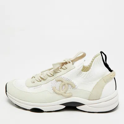 Pre-owned Chanel Cc Size 39.5 White/black Knit Fabric Sneakers