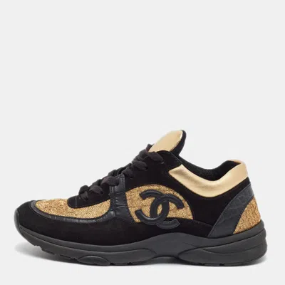 Pre-owned Chanel Cc Size 40 Black/gold Lurex Fabric And Suede Lace Up Sneakers
