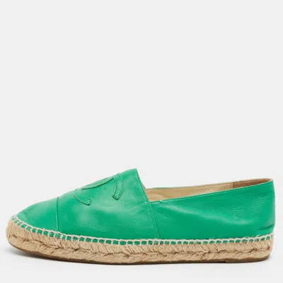 Pre-owned Chanel Cc Size 40 Green Leather Cap Toe Espadrille Flats