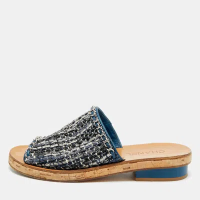 Pre-owned Chanel Cc Size 40 Multicolor Tweed Cork Chain Detail Mules