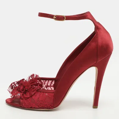 Pre-owned Chanel Cc Size 40 Red Lace And Satin Peep Toe Ankle Strap Pumps
