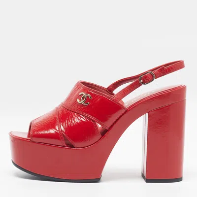 Pre-owned Chanel Cc Size 40 Red Leather Platform Block Heel Sandals
