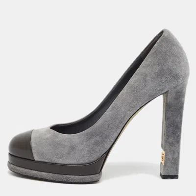 Pre-owned Chanel Cc Size 40 Slate Grey/dark Brown Suede And Leather Cap Toe Platform Pumps In Gray