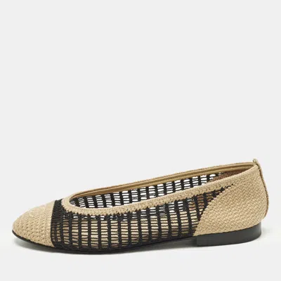 Pre-owned Chanel Cc Size 40.5 Beige/black Knit Fabric Ballet Flats In Sand