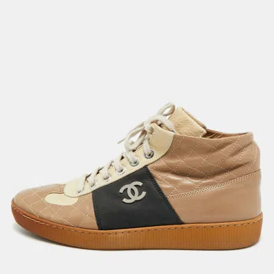 Pre-owned Chanel Cc Size 40.5 Tricolor Quilted Leather High Top Sneakers In Sand