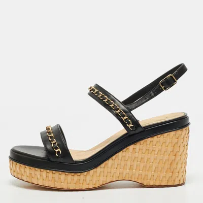 Pre-owned Chanel Cc Size 41 Black Leather Chain Details Slingback Wedge Sandals
