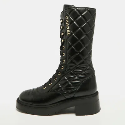 Pre-owned Chanel Cc Size 41 Black Quilted Leather Combat Boots
