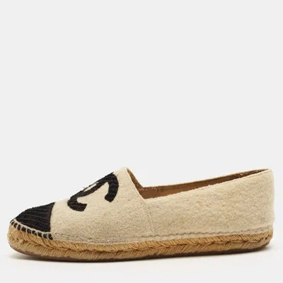 Pre-owned Chanel Cc Size 41 Ecru/black Tweed And Velvet Espadrille Flats