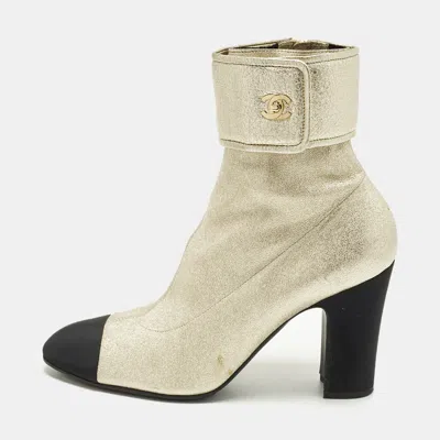 Pre-owned Chanel Cc Size 41 Gold/black Canvas And Leather Ankle Length Boots