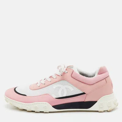 Pre-owned Chanel Cc Size 41 Pink/white Fabric Leather And Mesh Low Top Sneakers