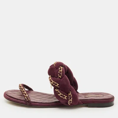 Pre-owned Chanel Cc Size 41.5 Burgundy Suede Chain Link Flat Slide Sandals