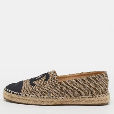 Pre-owned Chanel Cc Size 42 Black/beige Canvas And Tweed Cap Toe Espadrille Flats