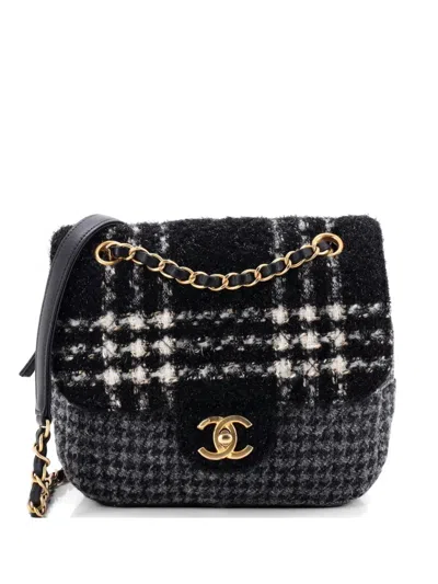 Pre-owned Chanel Cc Square Zip Flap Bag Quilted Tweed Mini Crossbody Bag In Black