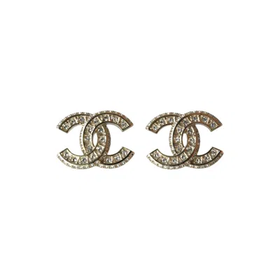 Chanel Cc Timeless Crystal Strass Stud Earrings Light Gold