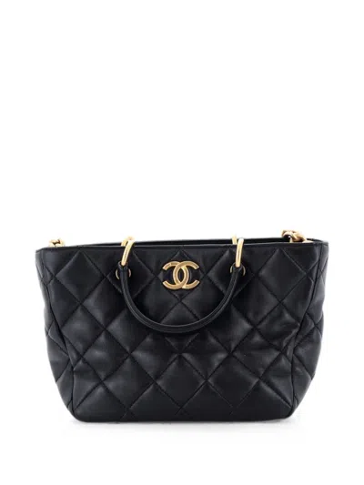 Pre-owned Chanel Cc Top Handle Chain Shopping Quilted Lambskin Small Tote Bag In Black