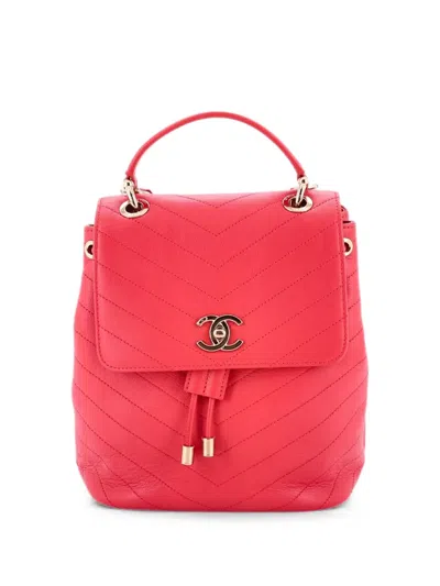 Pre-owned Chanel Cc Top Handle Flap Chevron Calfskin Medium Backpack In Pink