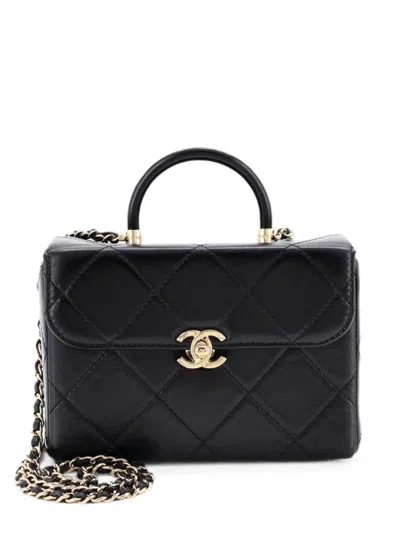 Pre-owned Chanel Cc Top Handle Flap Vanity Case Quilted Shiny Aged Calfskin Small Satchel In Black