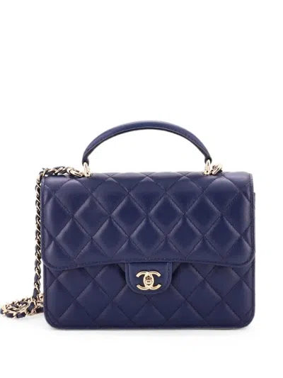 Pre-owned Chanel Cc Top Handle Quilted Lambskin Small Backpack In Blue
