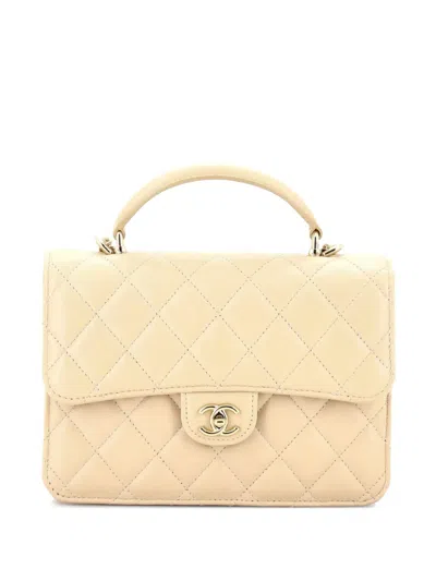 Pre-owned Chanel Cc Top Handle Quilted Lambskin Small Backpack In Neutral