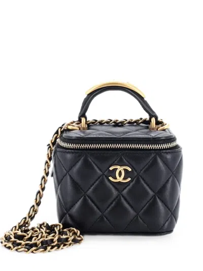 Pre-owned Chanel Cc Top Handle Vanity Case With Chain Quilted Lambskin With Metal Mini Satchel In Black