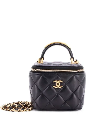Pre-owned Chanel Cc Top Handle Vanity Case With Chain Quilted Lambskin With Metal Mini Satchel In Black