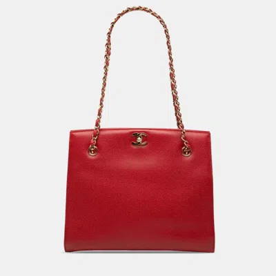 Pre-owned Chanel Cc Turn Lock Medium Red Caviar Leather Shoulder Tote Bag