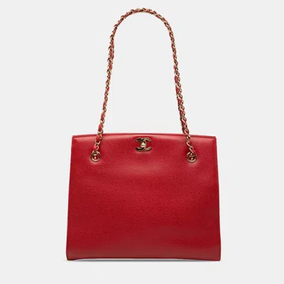 Pre-owned Chanel Cc Turn Lock Red Caviar Leather Tote Bag