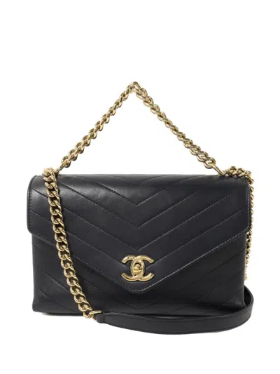 Pre-owned Chanel Cc Turn-lock Chevron-quilted Shoulder Bag In Blue