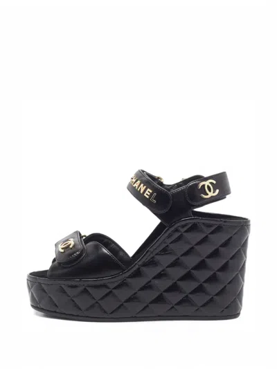 Pre-owned Chanel Cc Turn-lock Quilted Wedge Sandals In Black
