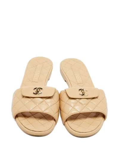 Pre-owned Chanel Cc Turn-lock Slide Sandals In Neutrals