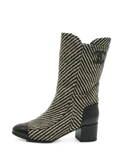 Pre-owned Chanel Cc Tweed Mid-calf Boots In Black