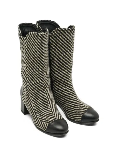 Pre-owned Chanel Cc Tweed Mid-calf Boots In White