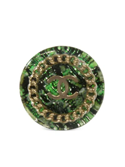 Pre-owned Chanel Cc Tweed Ring In Green