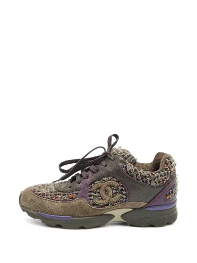 Pre-owned Chanel Cc Tweed Sneakers In Brown