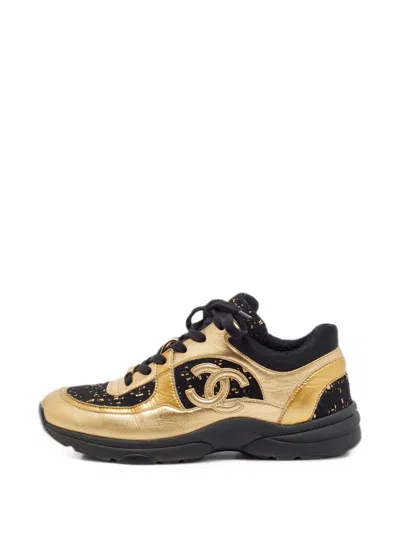Pre-owned Chanel Cc Tweed Sneakers In Gold