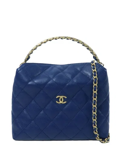 Pre-owned Chanel Cc Two-way Quilted Calfskin Tote Bag In Blue