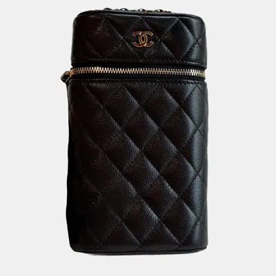Pre-owned Chanel Cc Vanity Black Leather Verical Phone Holder With Chain
