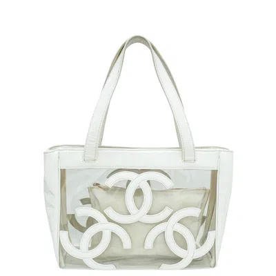 Pre-owned Chanel Cc Vinyl Logo Beach Tote Bag In White