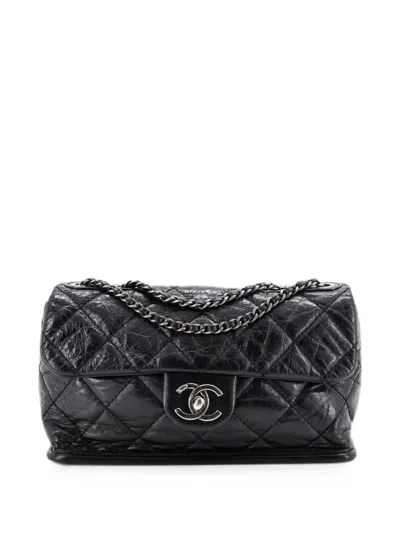 Pre-owned Chanel Cc Wedge Flap Bag Quilted Glazed Calfskin Small Shoulder Bag In Black