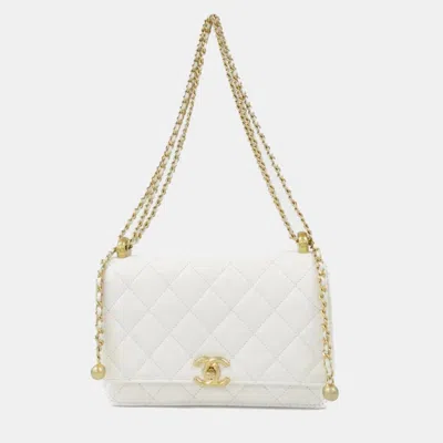 Pre-owned Chanel Cc White Leather Wallet On Chain