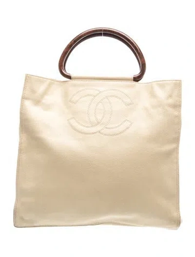 Pre-owned Chanel Cc Wood Handle Tote In Neutral