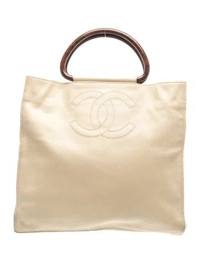 Pre-owned Chanel Cc Wood Handle Tote In Neutrals