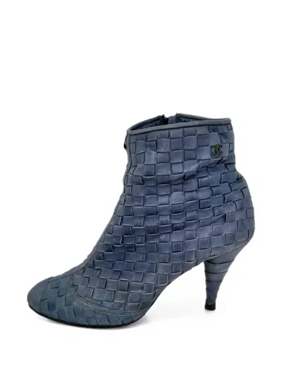 Pre-owned Chanel Cc Woven Ankle Boots In Blue