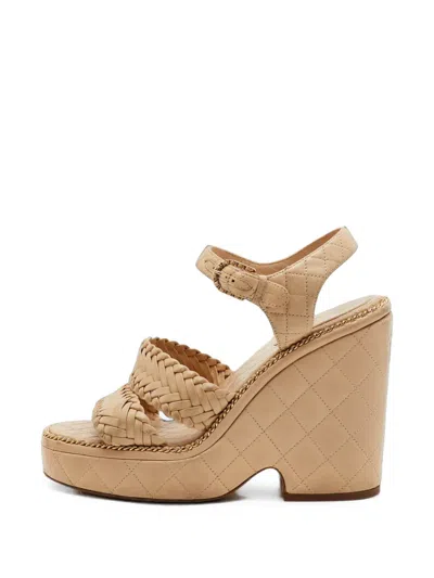 Pre-owned Chanel Cc Woven Wedge Sandals In Neutrals