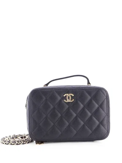 Pre-owned Chanel Cc Zip Around Top Handle Vanity Case With Chain Quilted Caviar Small Satchel In Black