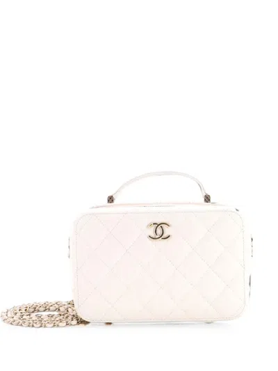 Pre-owned Chanel Cc Zip Around Top Handle Vanity Case With Chain Quilted Caviar Small Satchel In White