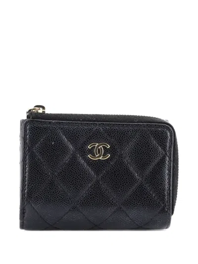 Pre-owned Chanel Cc Zip Trifold Wallet Quilted Caviar Compact Small Wallets In Black