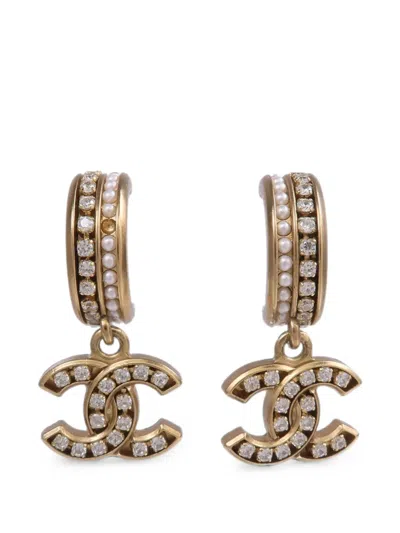 Pre-owned Chanel Cc-crystal Drop Earrings In Gold