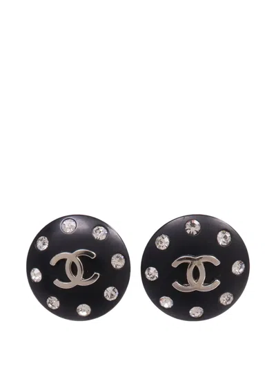 Pre-owned Chanel Cc-logo Crystal Clip-on Earrings In Silver